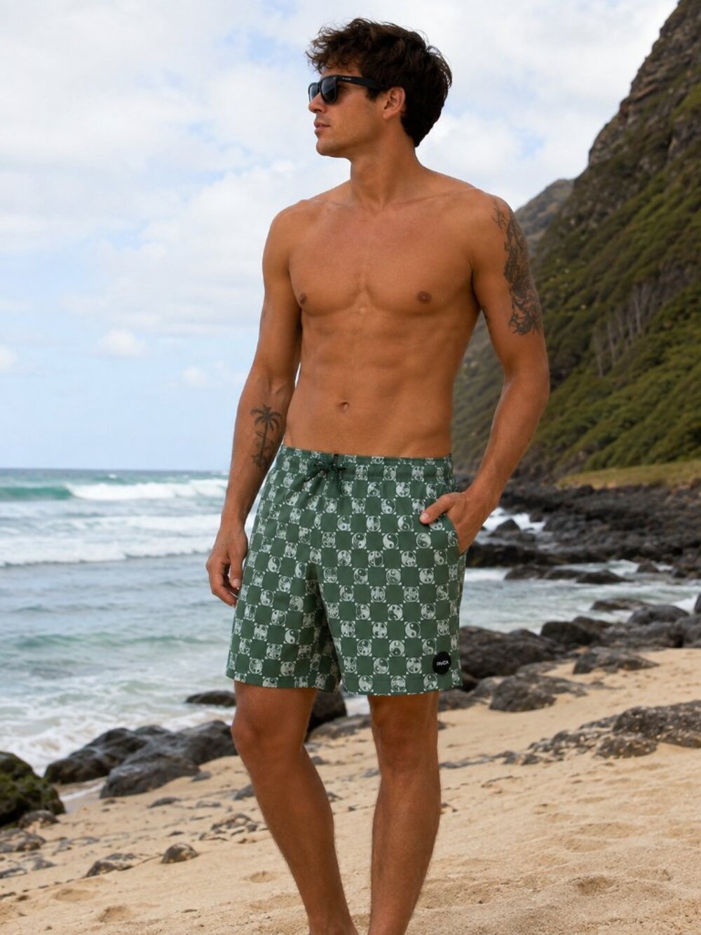 RVCA Yin Yang Board Shorts Men's Gray Blue Swim Trunks Surf Beach Size M
